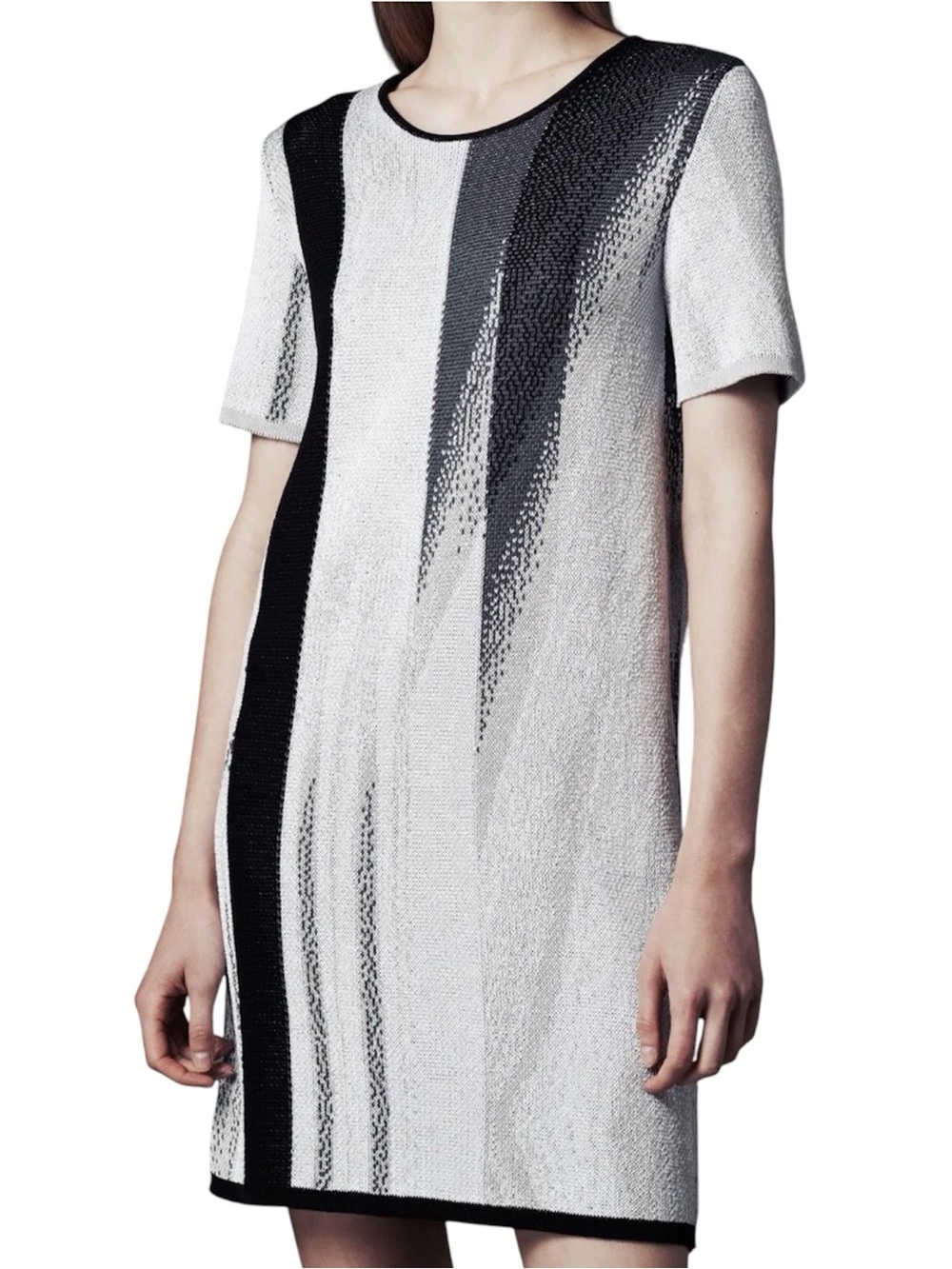 Helmut Lang Women’s Gray Black Abstract Knit Scoop Neck Short Sleeve Dress-Small